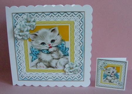 Cute White Kitty in Blue Star Bow with Flowers 8x8 by Diana Holmes