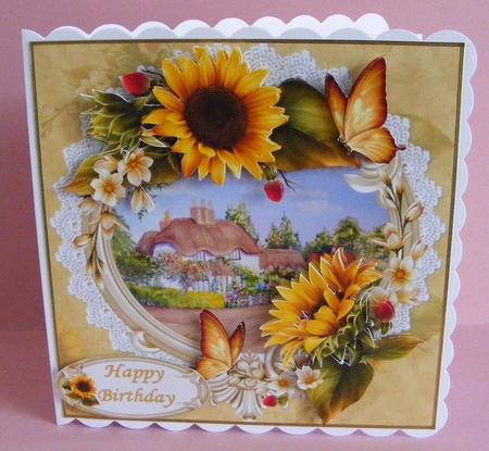 Beautiful Sunflowers with Thatched Cottage Scene by Diana Holmes