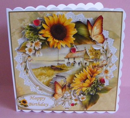 Beautiful Sunflowers with Seaside Cottage Scene by Diana Holmes