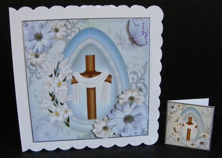 Easter Blessings with Cross in Easter Egg with Blue Flowers by Diana Holmes