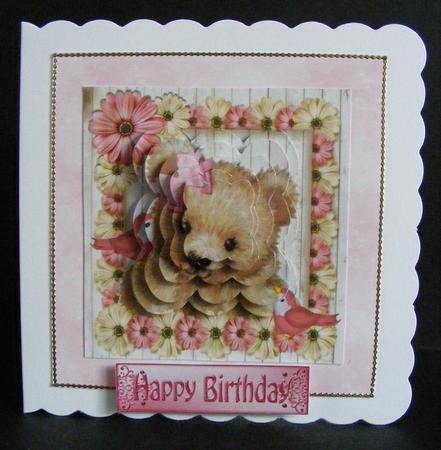 Cute Fuzzy Bear with Pink Flowers Scalloped Pyramids by Diana Holmes