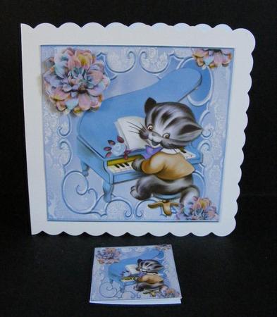 Kitty Playing the Blue Piano with Flowers 8x8 by Diana Holmes