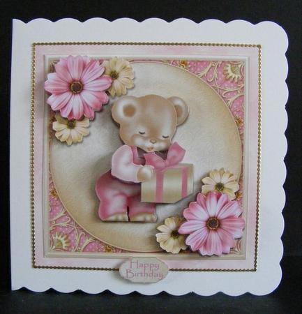 Pink Bear with Gift Square Card Front by Diana Holmes