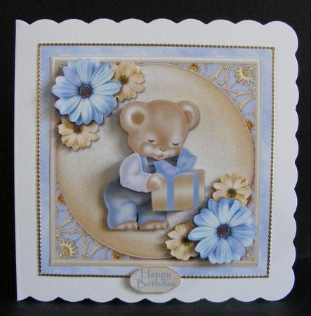 Blue Bear with Gift Square Card Front by Diana Holmes
