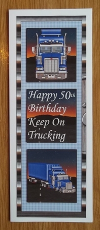 Blue 3 Panel 50th birthday truck card front by Diana Newson