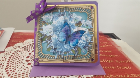 Flowers & Butterfly in a Gold Frame Shell Edged Corner Side Stacker by Diane Carbis