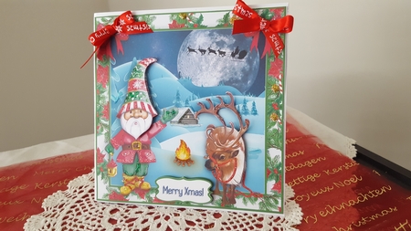 Gnome & Santas Lost Reindeer - 8 x 8 Card Topper With Decoupage by Diane Carbis