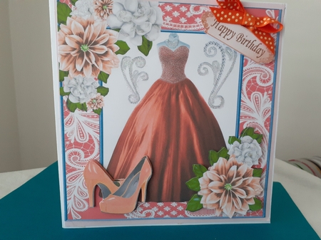 Pretty peach ball gown with flowers and shoes in lace ornate 8x8 frame by Diane Carbis