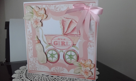 Pretty leaf and ornate frame with pram/bottle and peach flowers 8x8 by Diane Carbis
