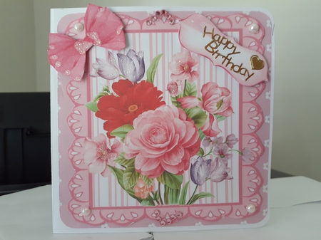 pink stripe eyelet frame 8x8  with a pretty flower arrangement by Diane Carbis