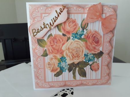 Peach stripe eyelet frame 8x8, with peach and cream roses by Diane Carbis