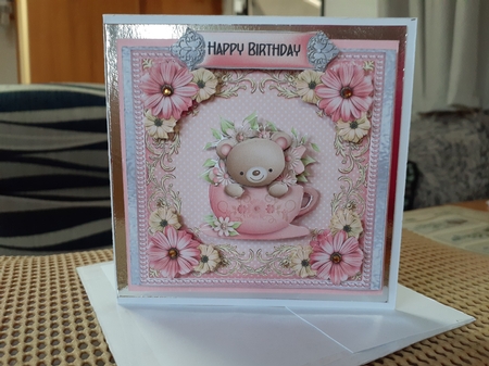 Teddy in a Teacup - 6x6 inch card front with decoupage by Diane Carbis
