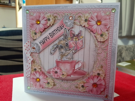 Pink Bunny in a Teacup - 6x6 inch card front with decoupage by Diane Carbis