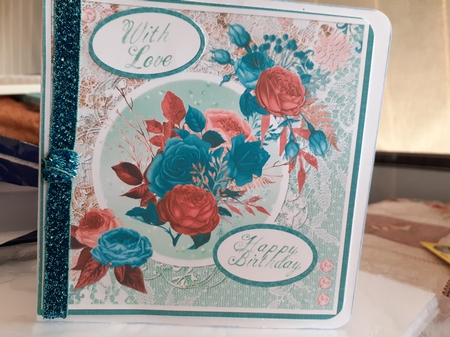 6 x 6 Card Front Coral/Turquoise/Lace Floral with Toppers and Sentiments by Diane Carbis
