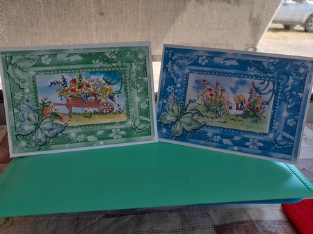Wheelbarrow and Cute Boy. 2 Butterfly framed card toppers by Diane Carbis