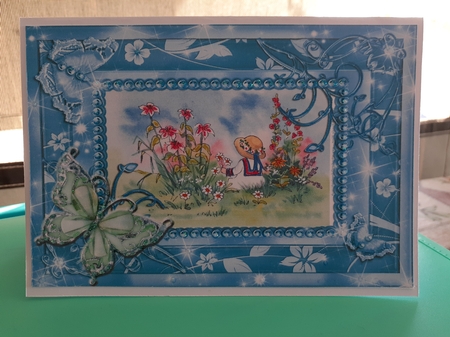 Wheelbarrow and Cute Boy. 2 Butterfly framed card toppers by Diane Carbis