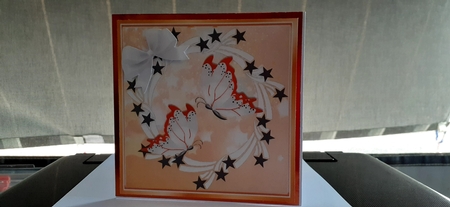Pretty black stars in gold frame 8x8 card fronts with orange butterflies by Diane Carbis