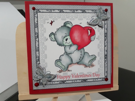 8x8 Bear and Butterflies Valentine card topper with decoupage by Diane Carbis