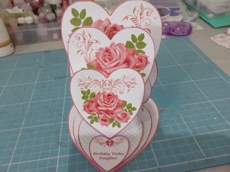 Coral roses triple heart easel card with matching envelope by Diane Carbis