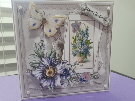 Vintage purple flowers and butterfly 7x7 by Diane Carbis
