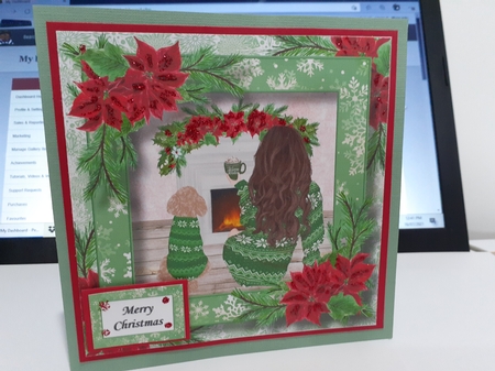 Fireside Christmas - Lady & Dog 8x8 by Diane Carbis