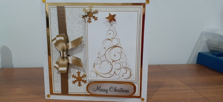 6 x 6 gold Christmas tree card front by Diane Carbis