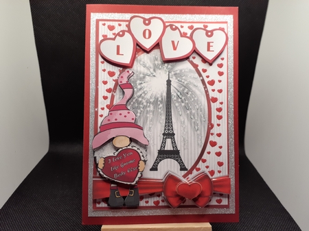 Gnome Valentine 1 - 7x5 inch card front with decoupage by Diane Carbis