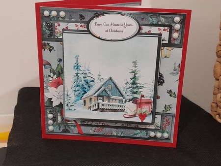 Winter Garden 11: Red Mailbox/Cottage 6 x 6 Card Front with Topper and Sentiments by Diane Carbis