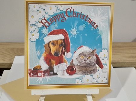 Lovely Dog & Cat in santa hats in snow scene 8x8 by Diane Carbis