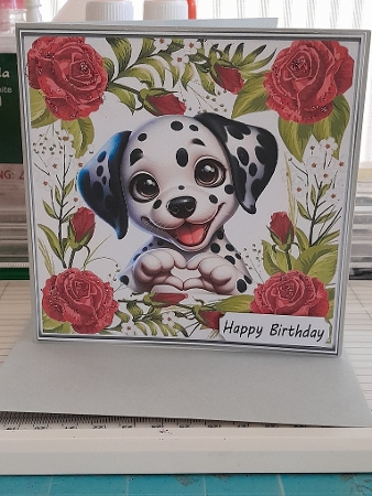 Pretty 8x8 Frame Of Red Roses With Puppy Making A Heart (TWO) by Diane Carbis