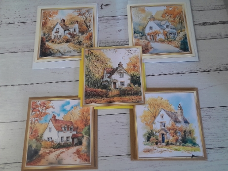 5 Autumn Cottages With Flowers 8X8 Card Fronts by Diane Carbis