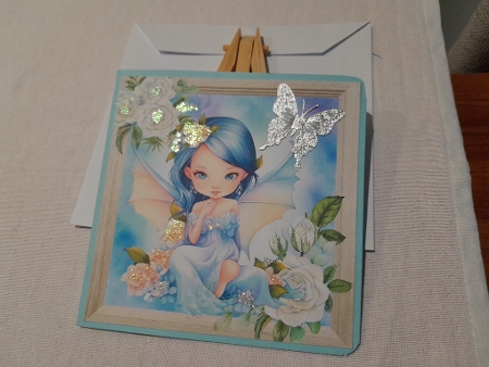 Pretty Fairy In Blue With White Roses 8X8 Card Front (FOUR) by Diane Carbis