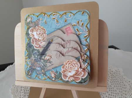 Peach Roses Teal Birthday 5in Scallop Bottom Stacker by Diane Carbis