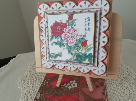 Oriental Peonies Anglaise Scallop Square 3D Card Kit by Diane Carbis
