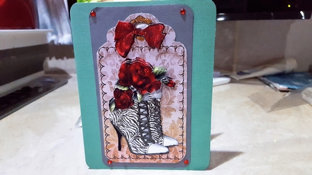 White Stripe Boots with Red Roses on a Tag by Diane Carbis