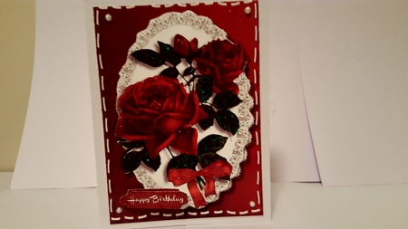 Beautiful Red Roses on Butterfly Lace with Stitching  by Diane Carbis