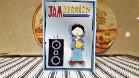 Jam Session Saxophone Boy Quick Card Front with Decoupage by Diane Carbis