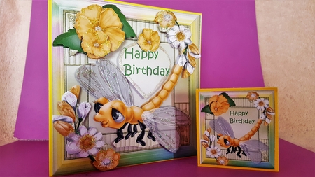 Cute Fantasy Dragonfly with flowers in yellow rainbow frame 8x8 by Diane Carbis