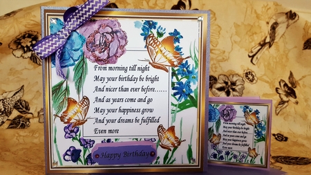 Pretty Painted Flower card front with gold butterflies & verse 8x8 by Diane Carbis