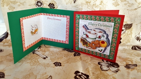Christmas Hot Chocolate with seasonal cookies on gingerbread men background topper 6 x 6, 2 cards red and green with matching inserts by Diane Carbis