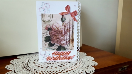 Pretty peach peonies with rose buds with script pyramids by Diane Carbis