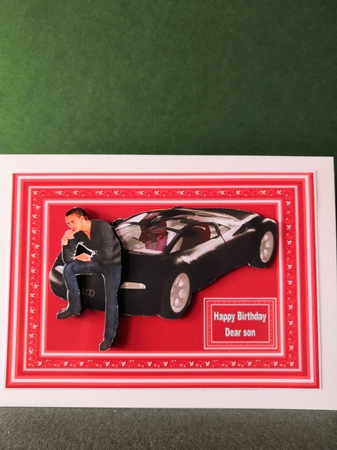 A5 man with car step by step card front (red). by Diane Dawson