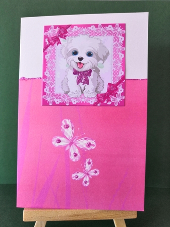 cute puppy with pink bows and lace 7x7 by Diane Dawson