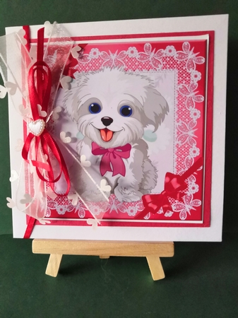 cute puppy with red bows and lace 7x7 by Diane Dawson