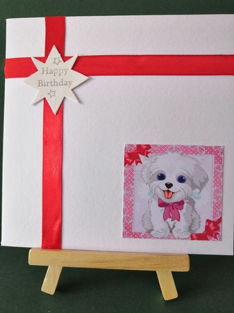 cute puppy with red bows and lace 7x7 by Diane Dawson