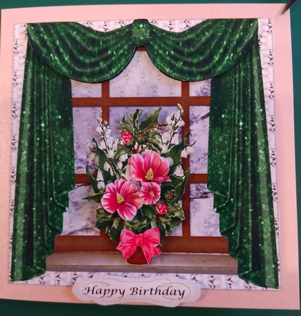 Mothers Day Flowers on windowsill 7x7 Green Curtains  by Diane Gray