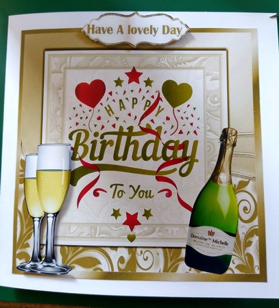 Lovely Birthday celebration  card front with wine (gold) 8x8 by Diane Gray