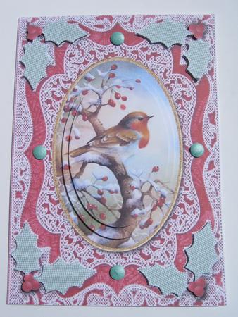 Christmas Robin1 A5 Lace Oval Card Front Step by Step by Diane Greenwood