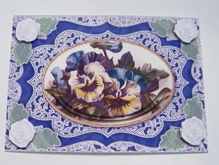 Blue Pansies A5 Oval Lace Card Front Step by Step by Diane Greenwood