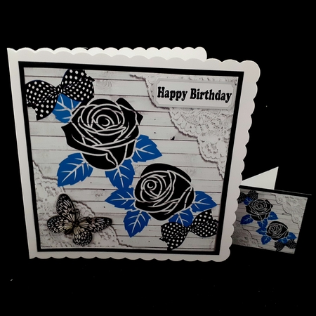 pretty ornate black roses with blue leaves and lace card fronts 8x8 by Diane  Hitchcox